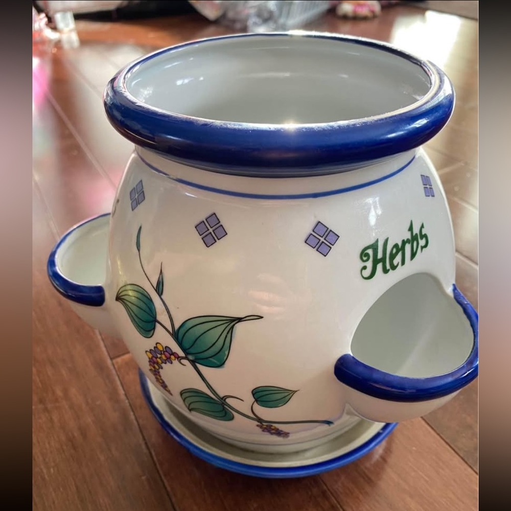 Ceramic Herb Window Sill Planter Pot White Blue